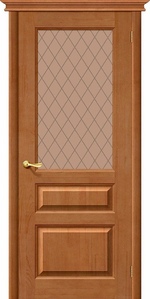 Межкомнатная дверь из массива М-5 светлый лак с бронзовым художественным стеклом